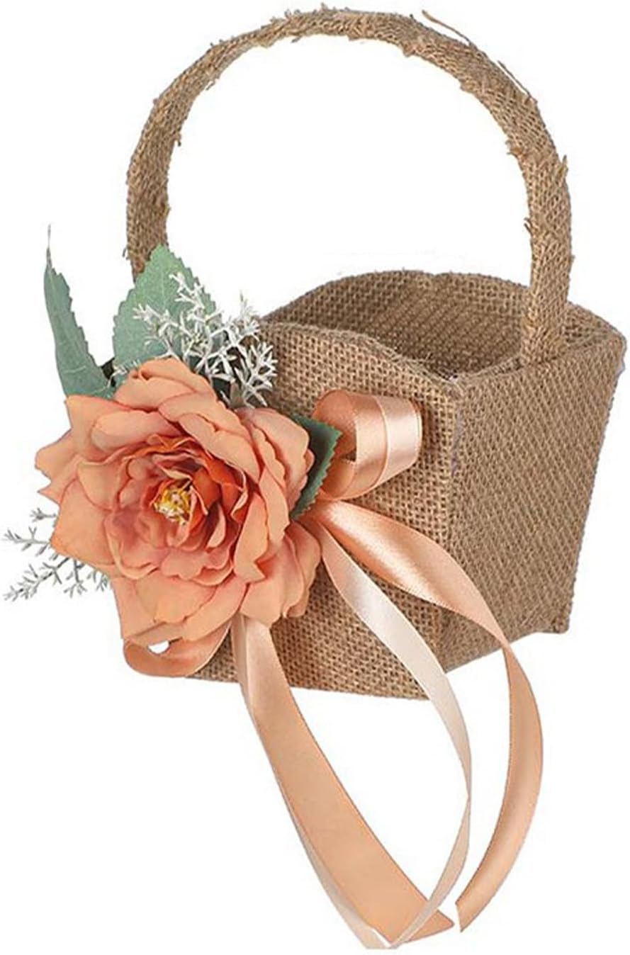 INIFLM Flower Girl Baskets for Wedding, Bridesmaid Hand Flower Burlap Flower Basket, Decorative Flower Basket Rings Pillow, Vintage Flower Basket Jute Basket(Orange Basket)
