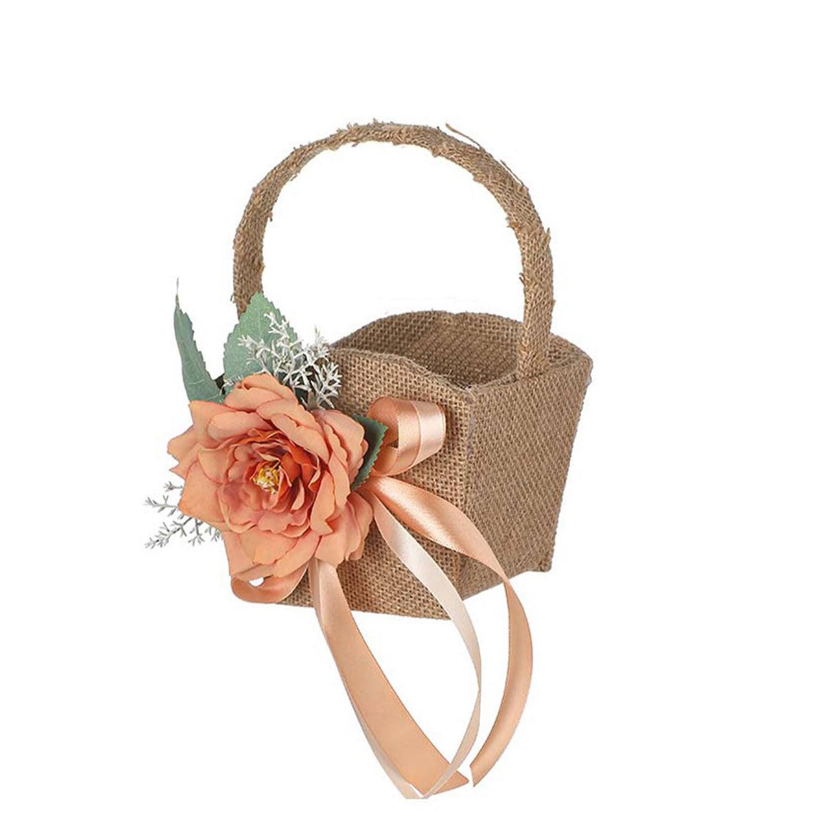 INIFLM Flower Girl Baskets for Wedding, Bridesmaid Hand Flower Burlap Flower Basket, Decorative Flower Basket Rings Pillow, Vintage Flower Basket Jute Basket(Orange Basket)