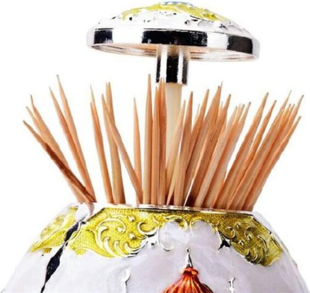 European Style Toothpick Holder Dispenser Metal Portable Toothpick Case Box Storage Organizer Hand PressToothpick Box Holder Container (Castle)
