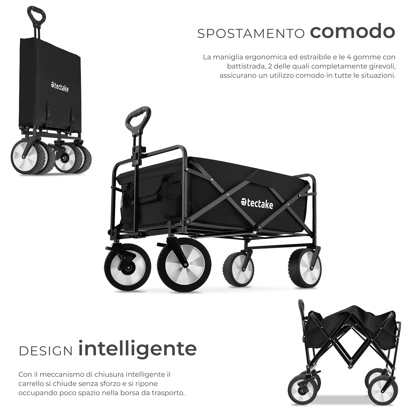 tectake® Carrello Pieghevole Leon, con Freni, Maniglia Telescopica, Carrello con Ruote Portatutto da Giardino, Carro Portaoggetti - Nero/Nero
