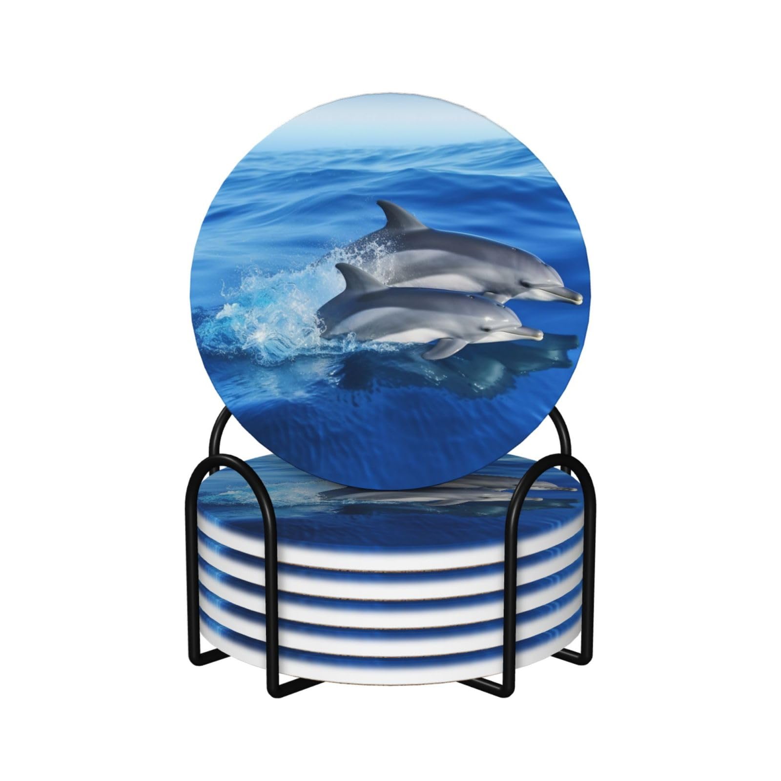 6Pcs Ceramics Coaster for Drinks, Dolphin Family Cup Coasters with Holder, Aesthetic Drink Coasters for Coffee Table, Absorbent Round Coaster for Tabletop Protection 4" Cup Mat Pad