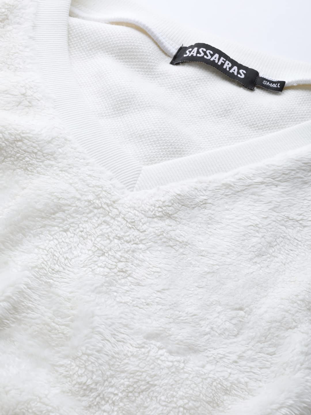 SASSAFRAS White V-Neck Faux Fur Crop Sweatshirt 3