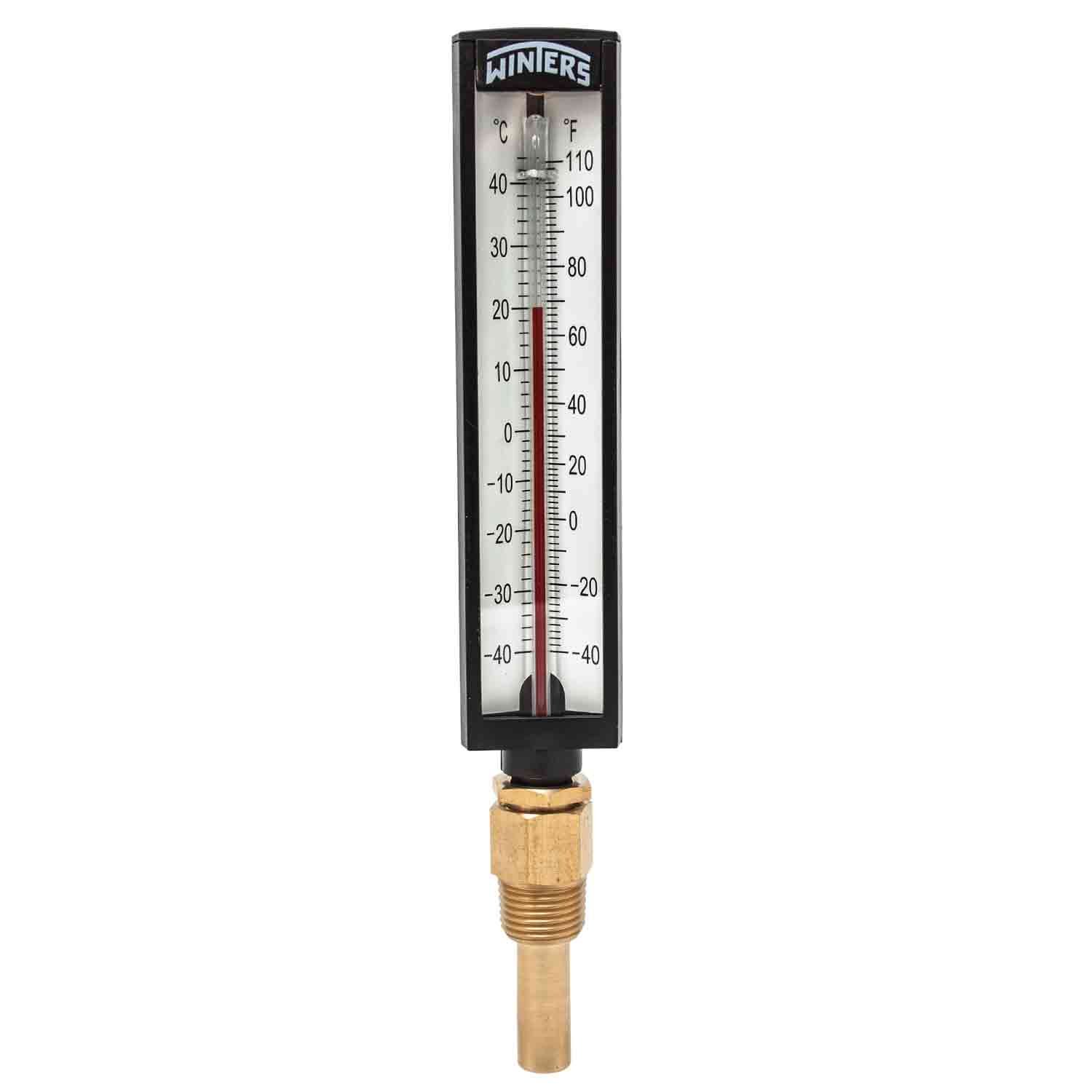 Winters TAS Series Brass Dual Scale Industrial 5AS Straight Thermometer with Thermowell, 20-180 F/C Range, +/-2 Percent Accuracy, 1/2'' NPT Bottom Mount