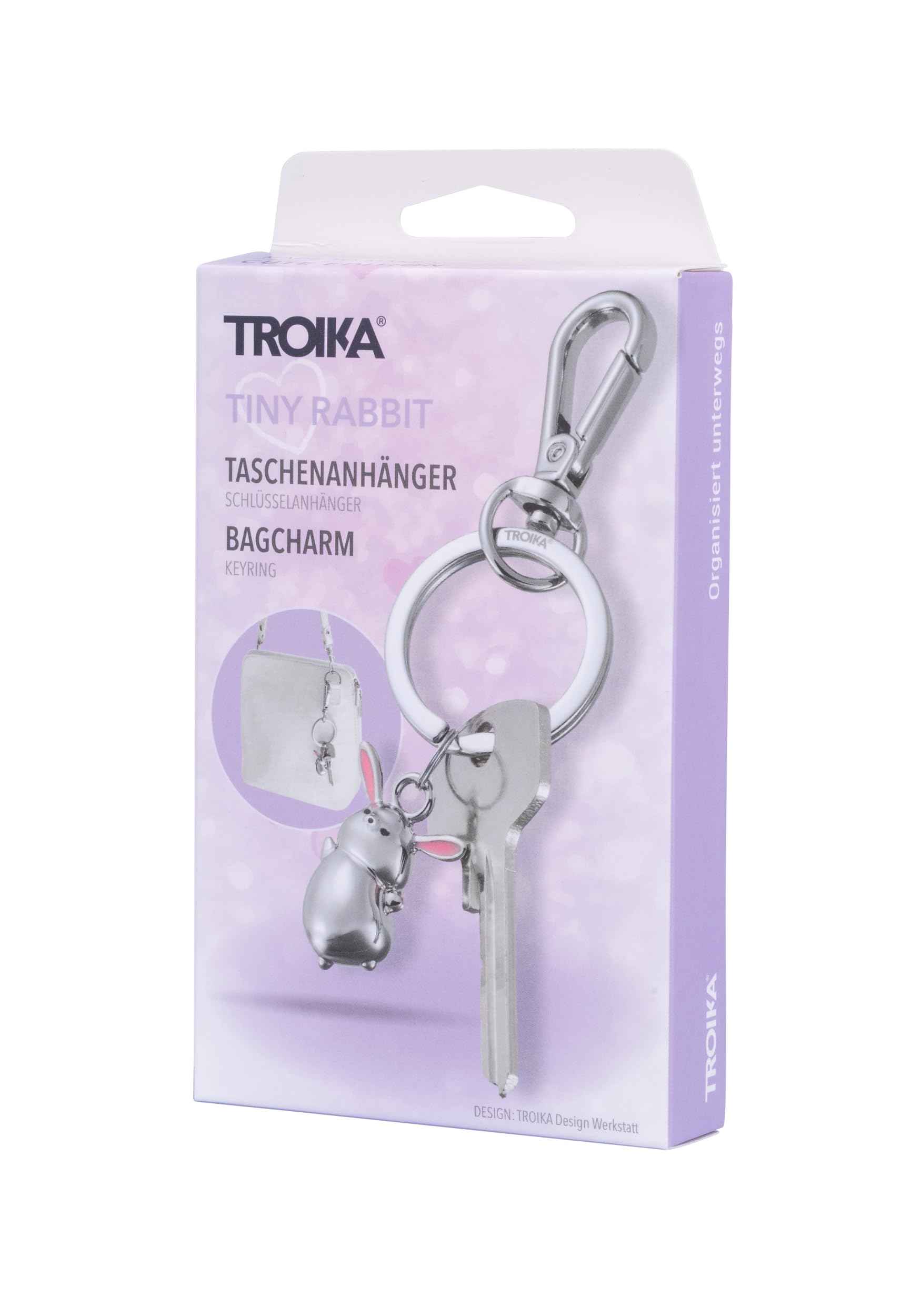 TROIKA Breloczek do kluczy zając TINY Rabbit metalowy z karabińczykiem mały zając z odlewu metalowego chromowany w kolorze srebrnym jako prezent na Wielkanoc dla miłośników zajączków