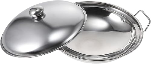 Alipis Sartén para wok con tapa, sartenes de acero inoxidable Wok para freír ollas calientes de 11 pulgadas, sartén de hierro de doble asa, olla de