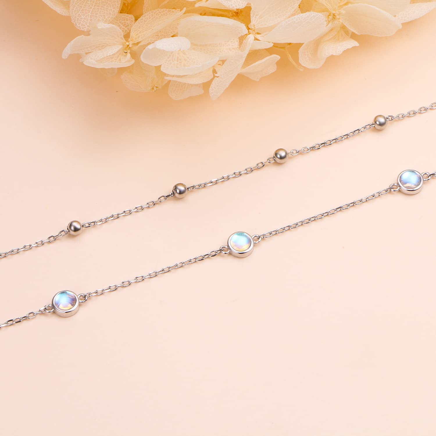 Fußkettchen für Damen Silber 925 Verstellbar Mondstein Fußkette Mehrlagig Unendlichkeits herz/Böses Auge Fussketten für Frauen Doppel Anklets Strand Schmuck