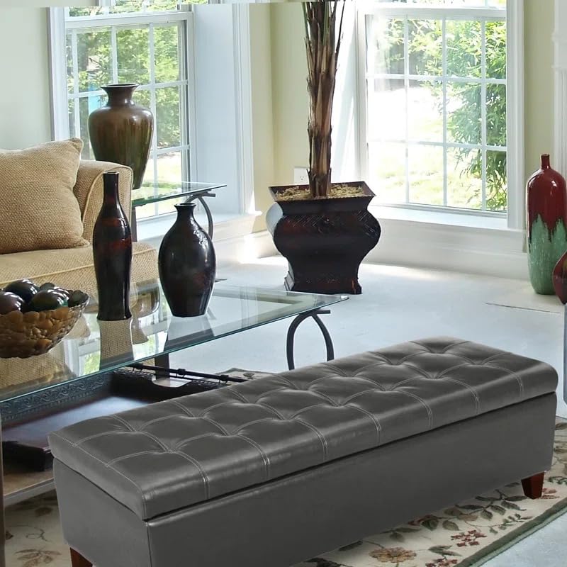 Image of LEGACY OF COMFORT Nysir 2 Seater Sofa Upholstered Ottoman Bench with Storage, for Living Room, Bedroom, Entryway (Dark Grey Leather)