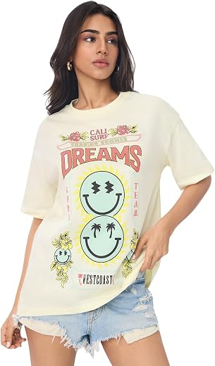 The Souled Store S.W.Smiley: Surf Dreams Women and Girls Short Sleeves Round Neck Graphic Printed Cotton Lightweight Every...