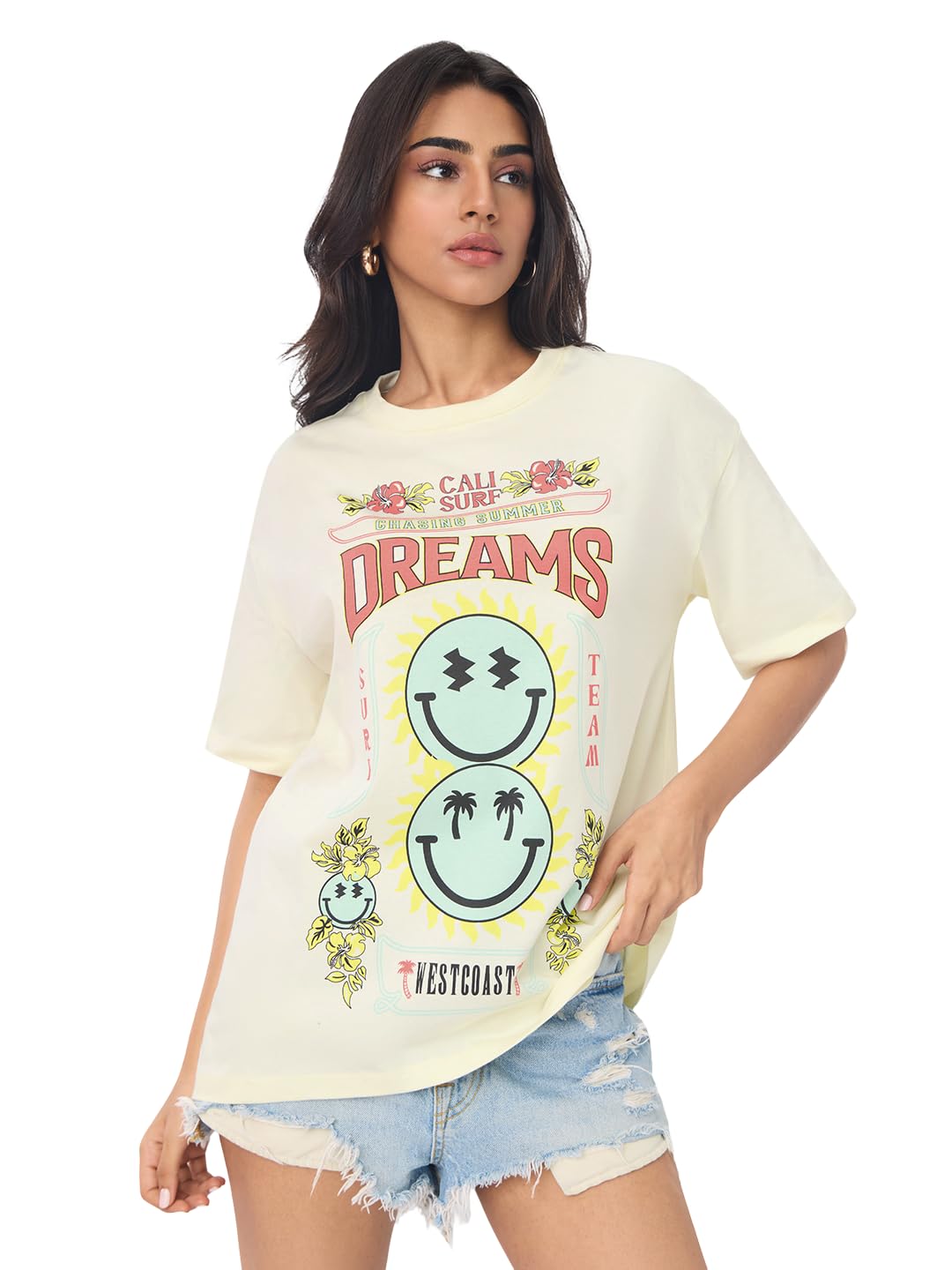 The Souled Store S.W.Smiley: Surf Dreams Women and Girls Short Sleeves Round Neck Graphic Printed Cotton Lightweight Every...