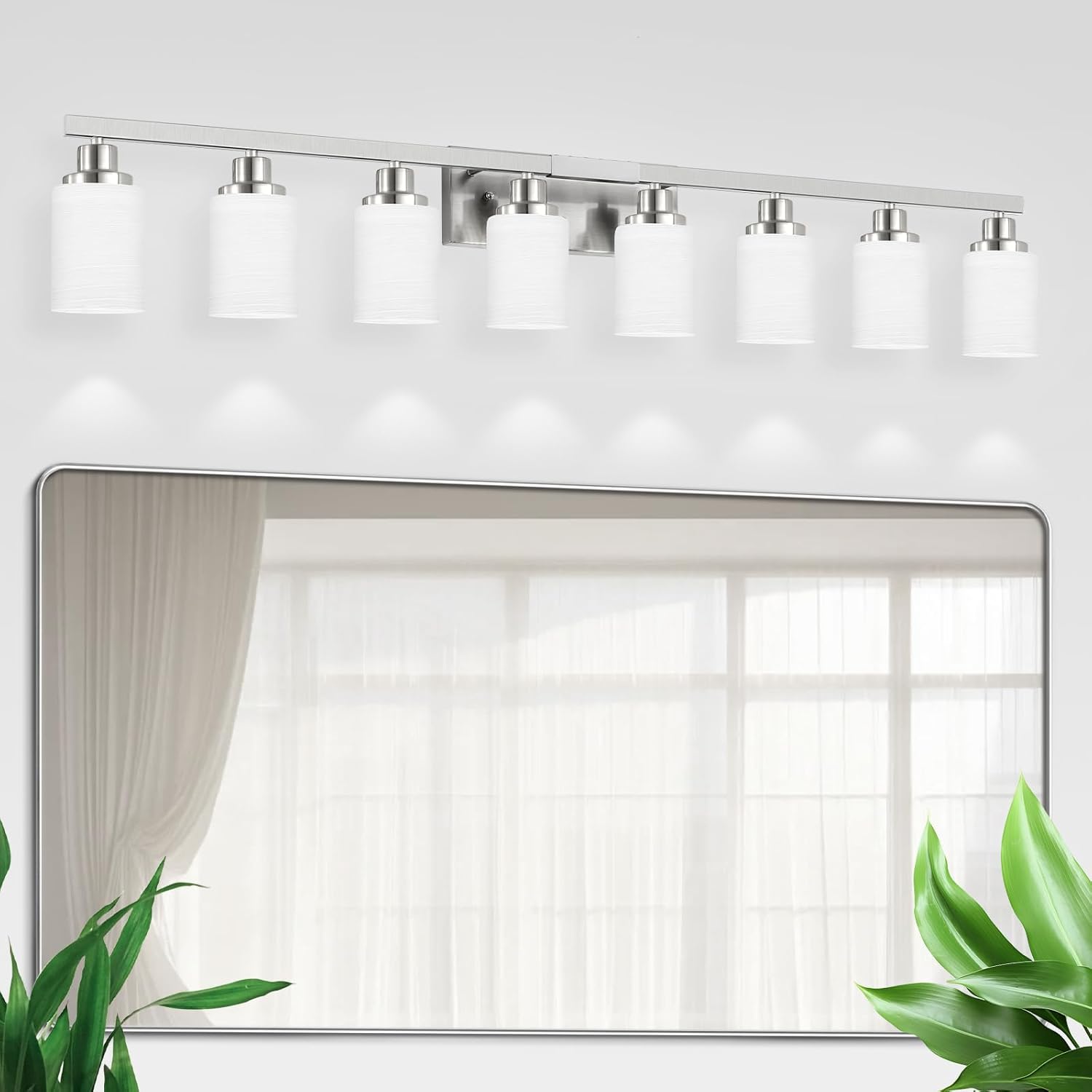 8-Light Bathroom Light Fixtures, 52inch Nickel Vanity Light with Milky White Glass Shade, Modern Bathroom Wall Lights Over Mirror, Farmhouse Wall Sconces Lighting for Bedroom Living Room Nickel 8-Light