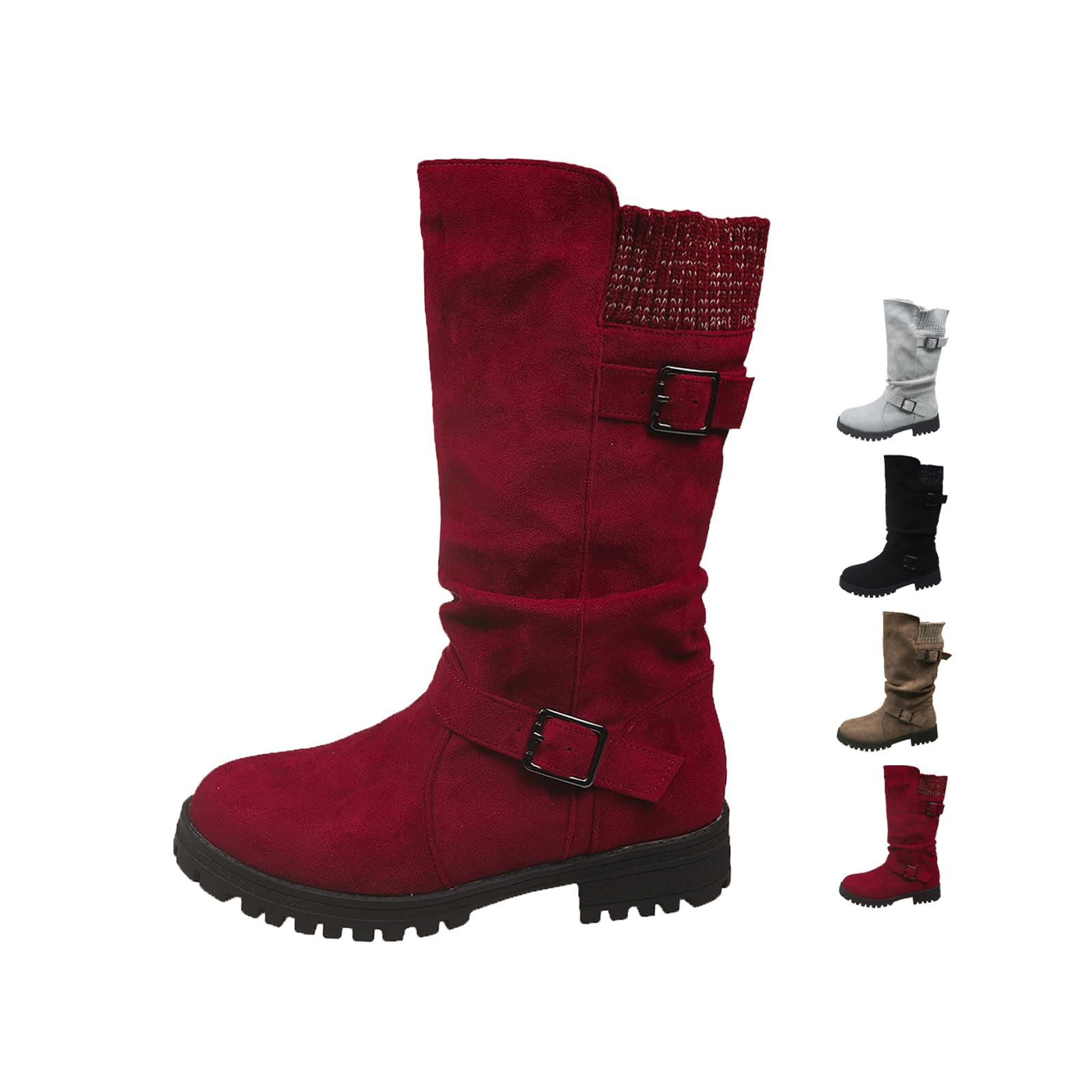 Women Fashion large-sized Mid Calf Boot - Women Casual Slouchy Round Toe Classic - with belt buckle design