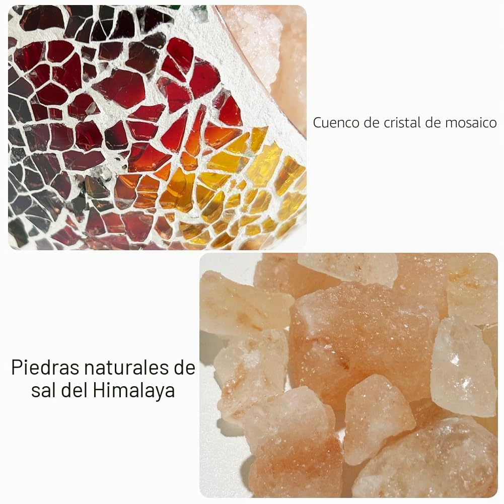 Lámpara de cristal de mosaico de sal del Himalaya, lámpara de noche luminosa con 3 ajustes de intensidad de luz, enchufe USB, base de madera, difusor de aroma para yoga, spa, meditación, color
