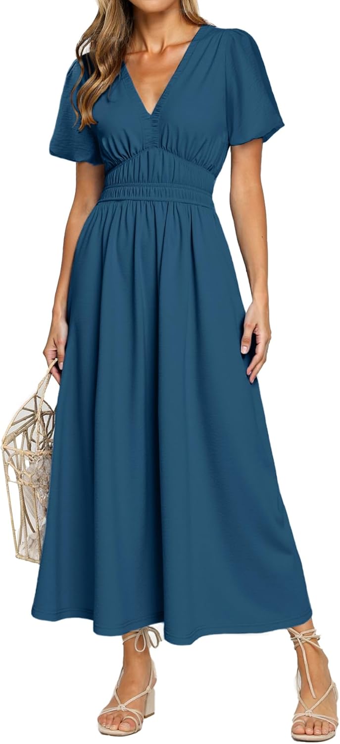 Simplee Women's Summer Flowy Midi Dress Casual V Neck Short Sleeve Empire Waist Boho Beach Wedding Guest Dresses
