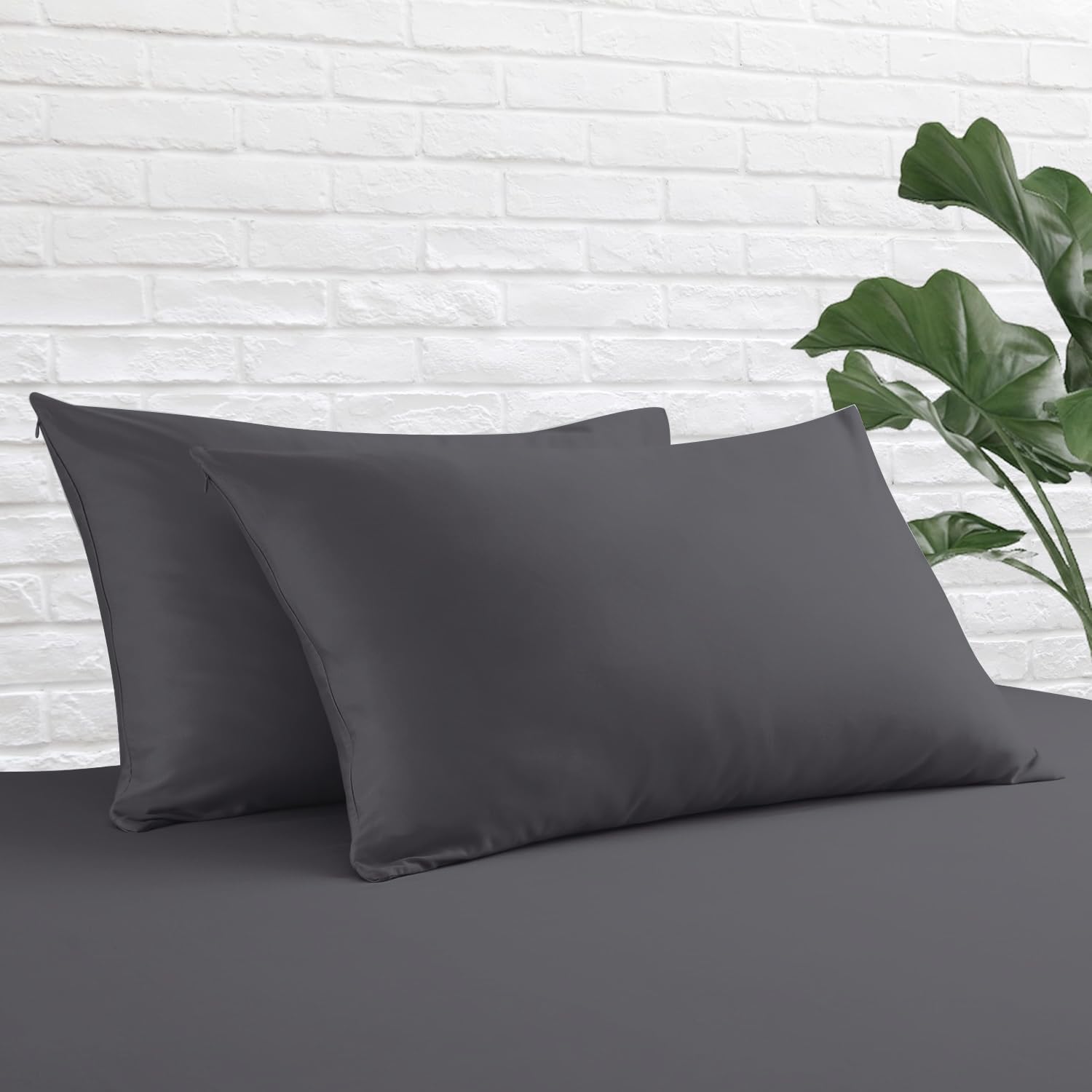 Standard Pillow Protector Set of 2, 100% Egyptian Cotton Pillow Cases with Zipper 400 Thread Count Sateen Weave Cotton Dark Grey Pillow Protector Standard Size Pillow Covers for Home/Hotel