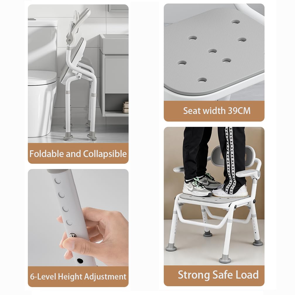 Silla de Ducha Plegable – Silla de Baño Ajustable en Altura con Reposabrazos y Respaldo Acolchados para Personas Mayores y con Movilidad Reducida, Compacta y Cómoda