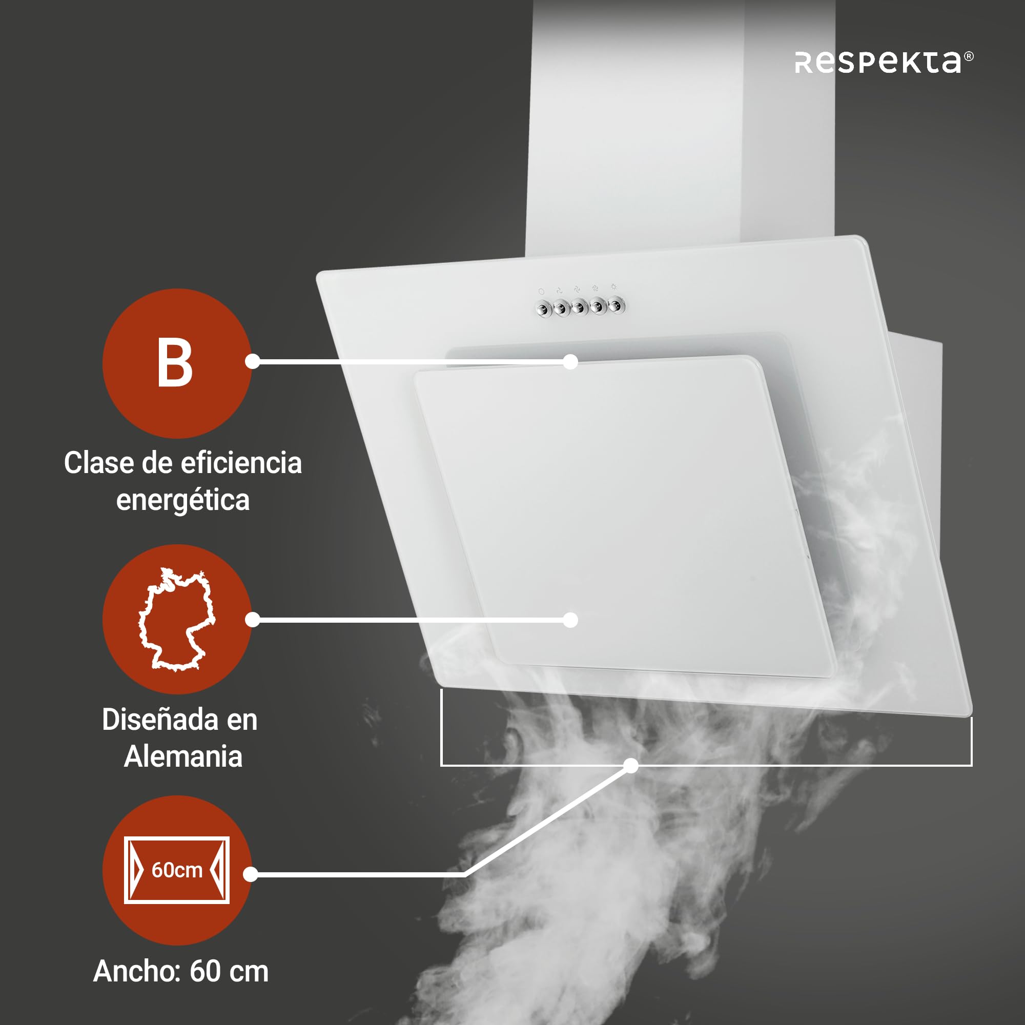 Respekta campana extractora 60 cm sin cabeza | campana aspiradora inclinada | carcasa de metal con pantalla de cristal en blanco | funciones escape y recirculación | CH21060WBZ | A | 55-62 dB
