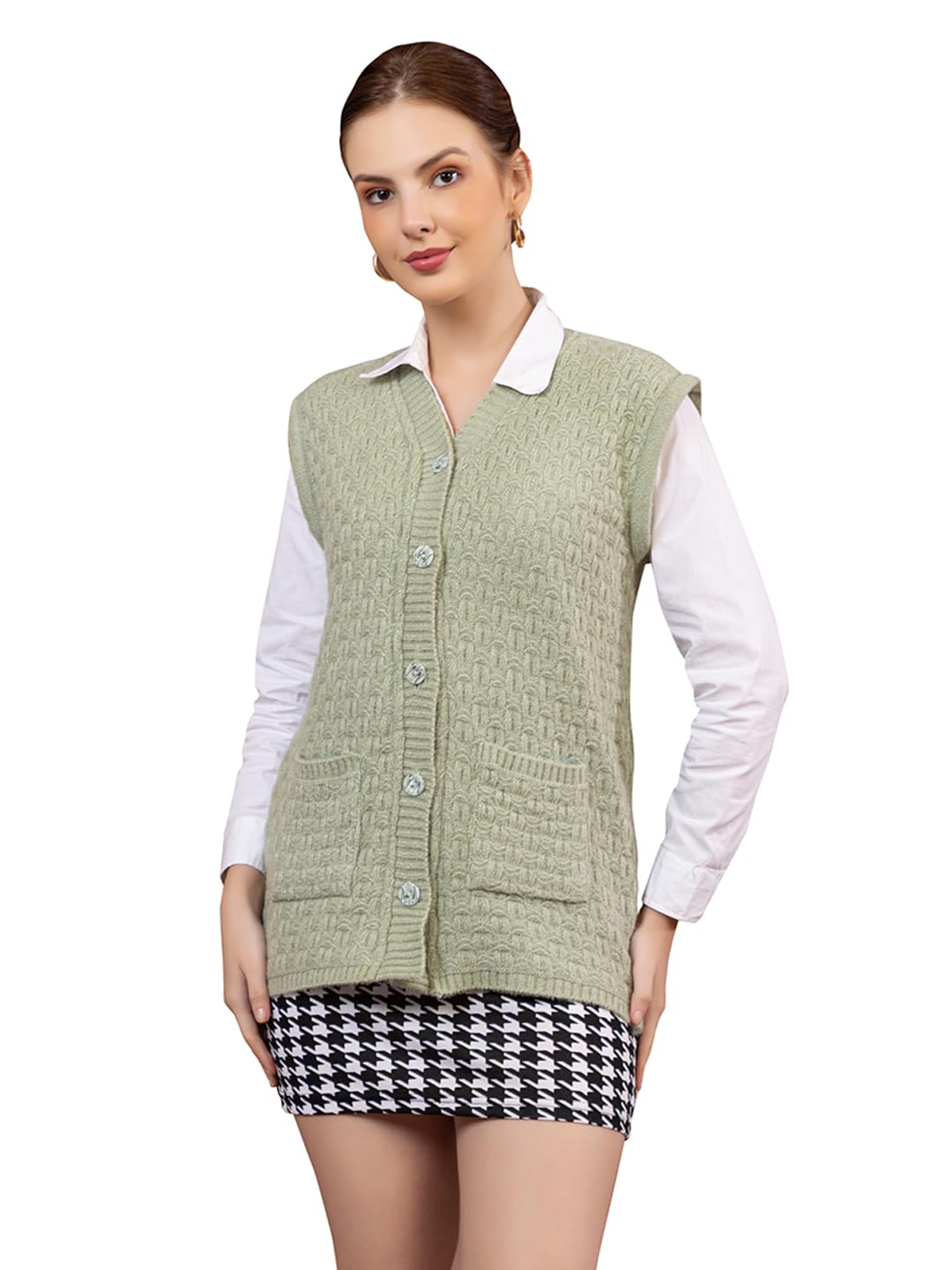 Women’s Woolen Sleeveless Cardigan | Stylish Button-Down Knit Sweater Vest with Pockets | Winter Layering Outfit for Girls & Ladies