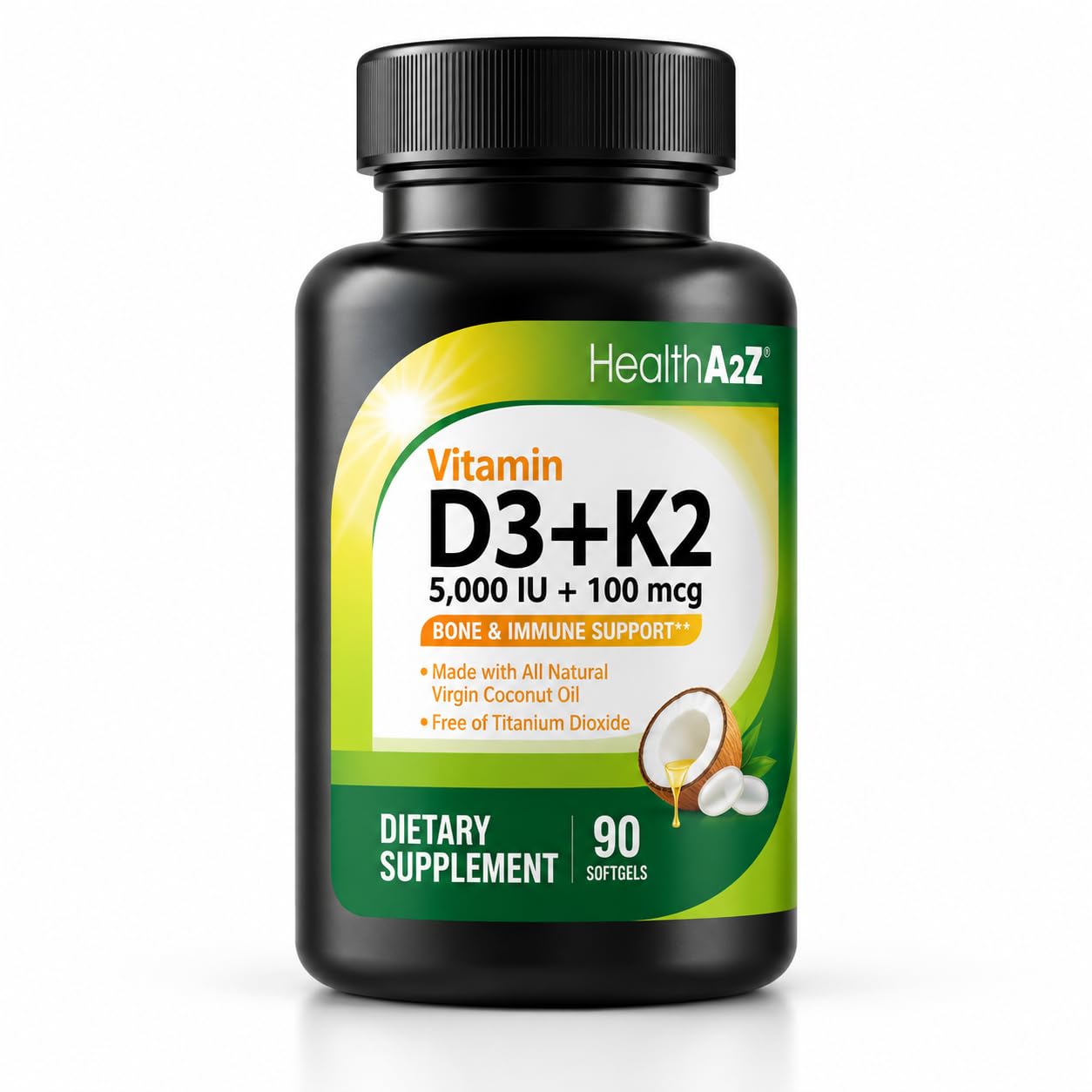 HealthA2Z® Vitamin D3 + K2 (MK-7) Made with Virgin Coconut Oil (Natural MCTs) - 90 Softgels (Pack of 1) - Helps Calcium Absorption for Bones, Teeth, Mood & Immu