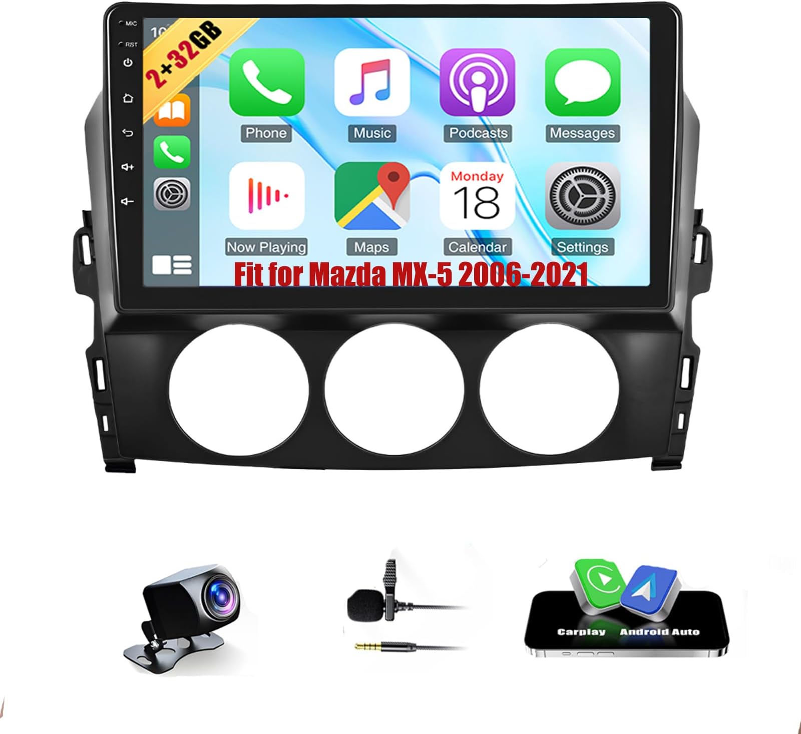 Android 13 Car Radio Stereo, 9'' Touch Screen Double Din Car Audio fit for Mazda MX-5 2006-2021 with Carplay & Android Auto GPS WiFi Bluetooth Mirror Link Backup Camera Mic [2+32G]