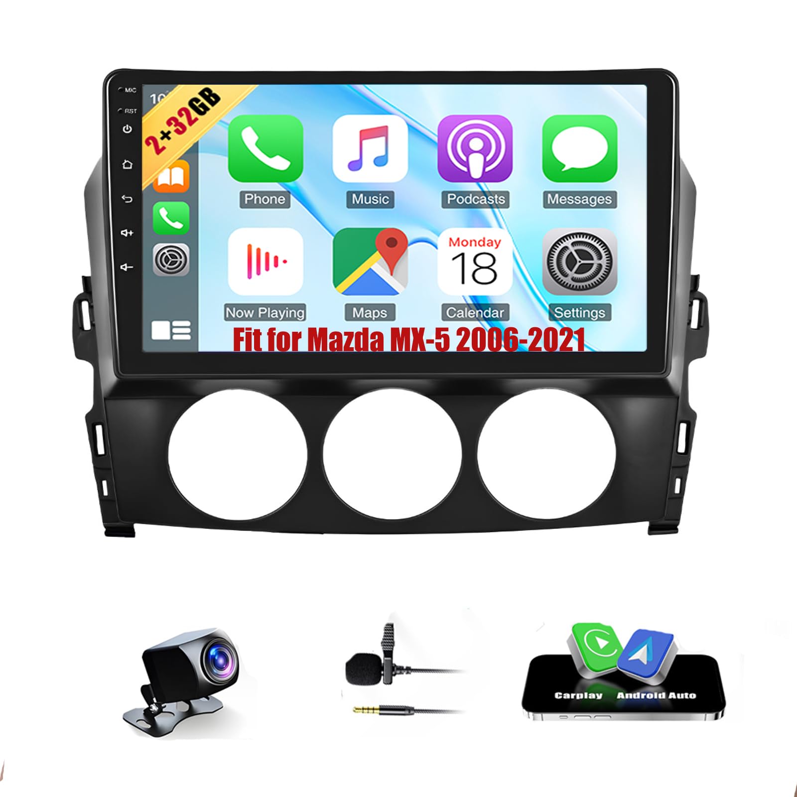 ihreesy Android 13 Car Radio Stereo Fit for Mazda MX-5 2006-2021 9'' Touch Screen Double Din Car Audio with Carplay & Android Auto GPS Navigation WiFi Bluetooth Mirror Link Backup Camera Mic [2+32G]