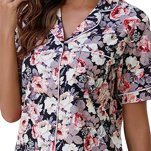 Image of LUBOT 100% Cotton Pajamas for Women 2 Piece PJ Set Poplin Woven Lightweight Ladies Button Short Sleeve Sleepwear S-XXL