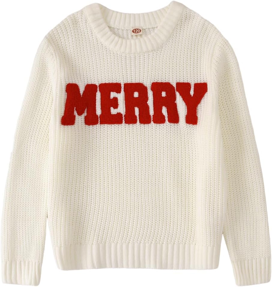 MODNTOGA Kid Boy Girl Merry Sweater Chenille Patch Merry Christmas Pullover Outfit Long Sleeve Knit Blouse Crewneck Xmas Top