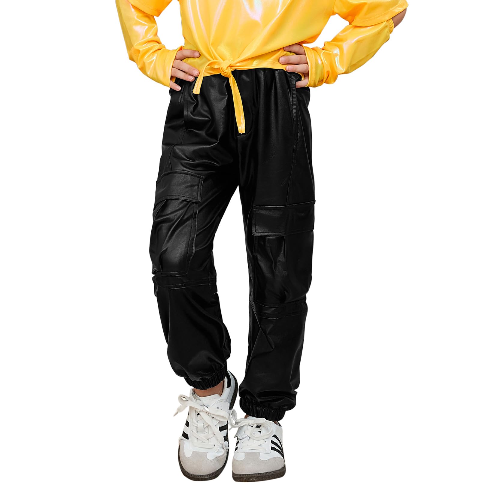 Perfashion Metallic Cargo Pants for Girls &amp; Womens Hip Hop Dance Multi-Pocket Joggers High Waist Pants 6-15Y