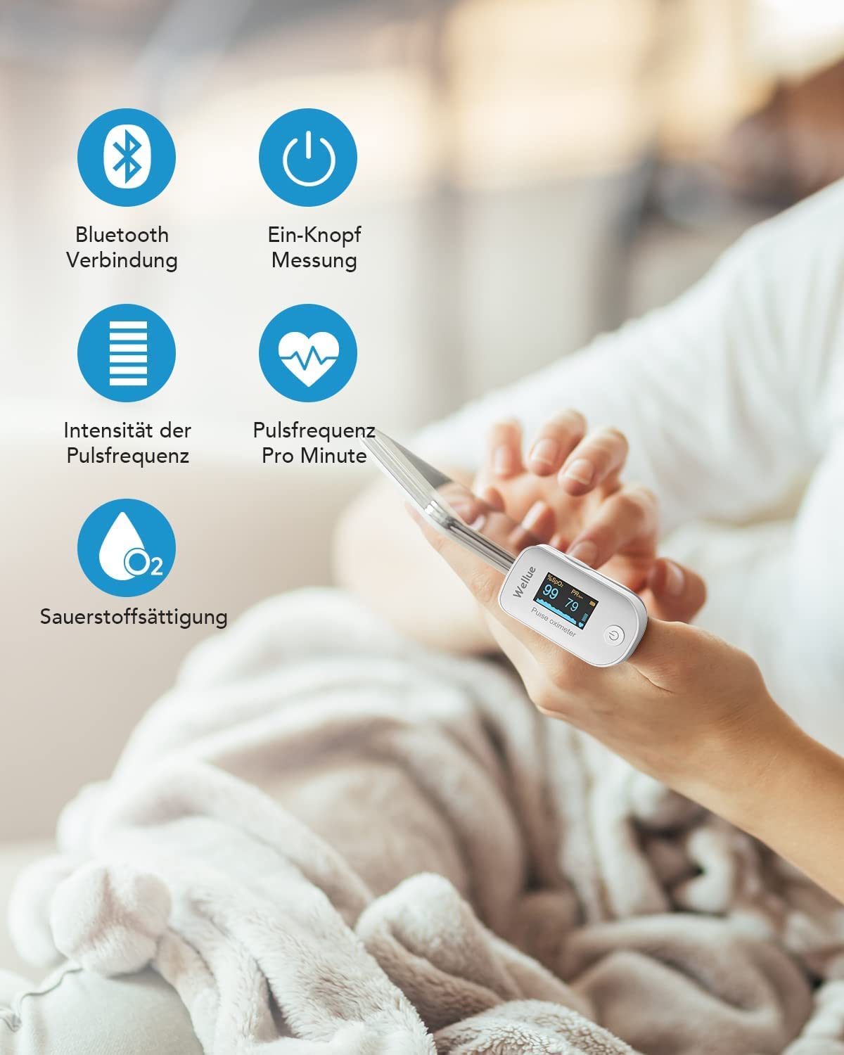 Bluetooth Pulsoximeter, Sauerstoffsättigung Messgerät, Überwachung des Sauerstoffs, SP O2 und Herzfrequenzmesser, Monitor für Fingerspitzen mit App, Tragbar und leicht mit Batterien, Weiß