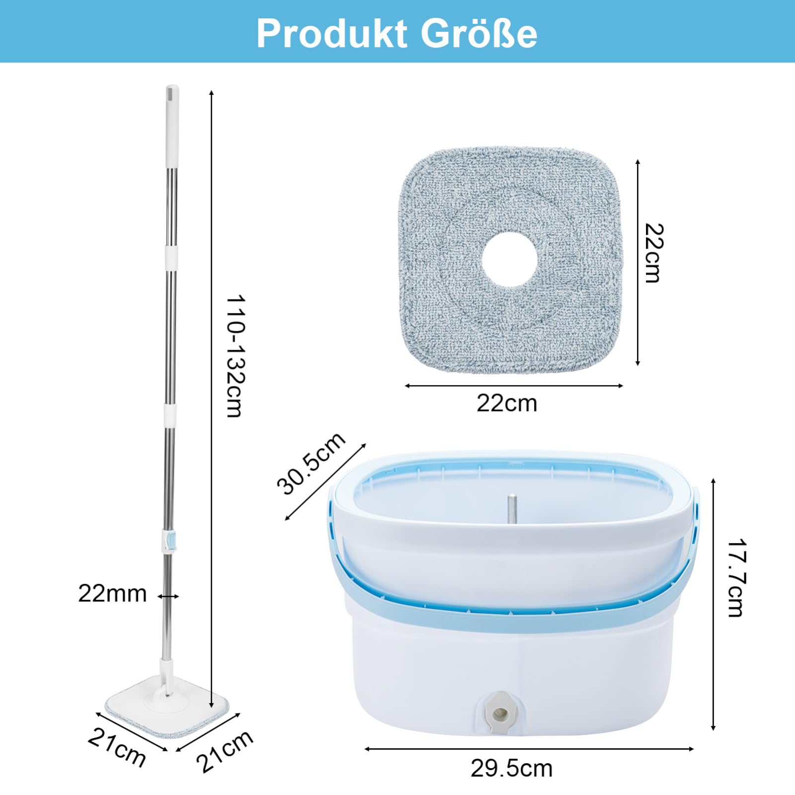Trintion Wischmopp Set mit Eimer Selbstauswringender Bodenwischer mit 360° Drehkopf Edelstahl Wischsystem Mikrofaser Mopppads 2-In-1 Reinigungssystem Auswringbarer Mopp für alle Bodenarten, Blau