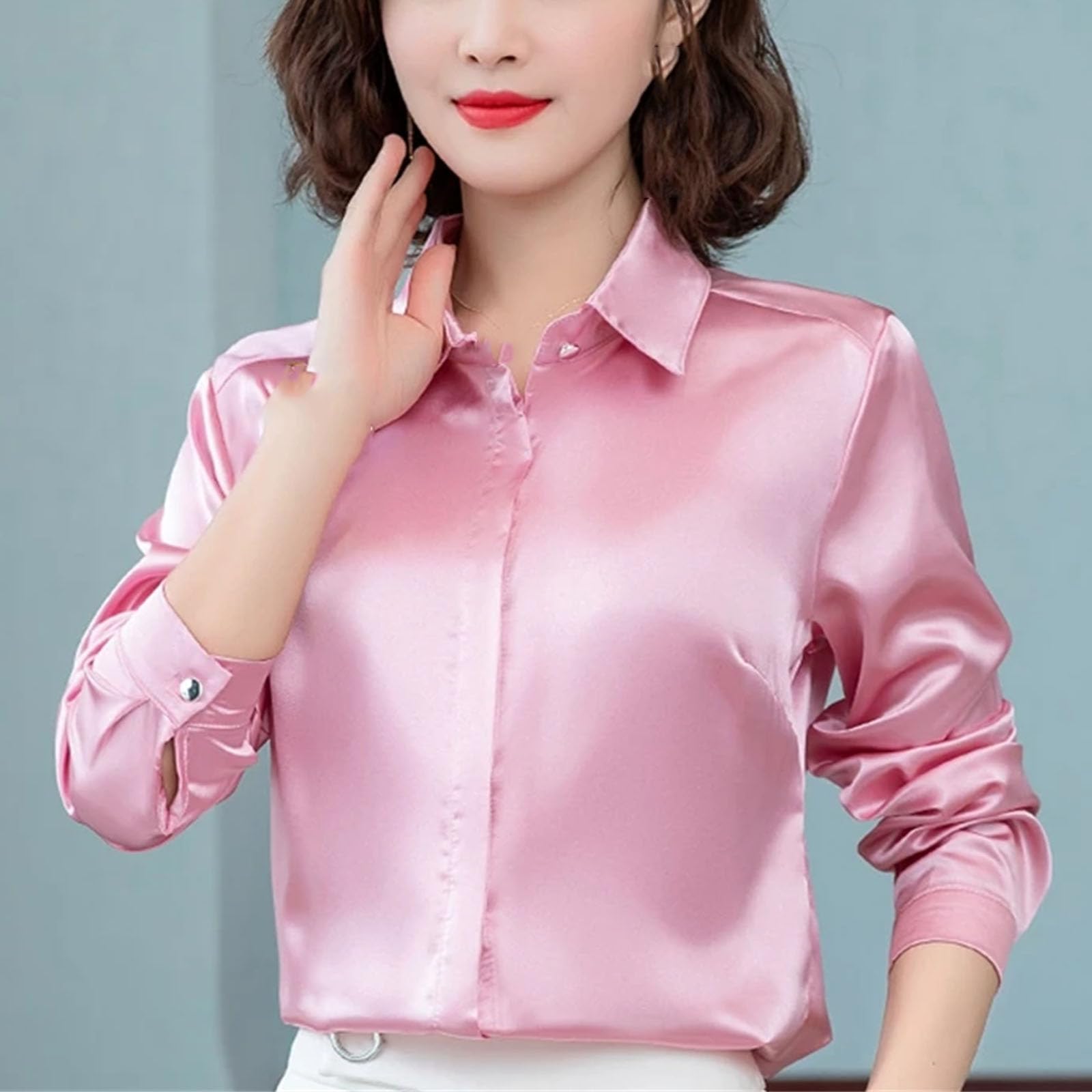 Camisa de seda satinada para mujer, de manga larga, elegante, para el trabajo, color blanco, azul y negro