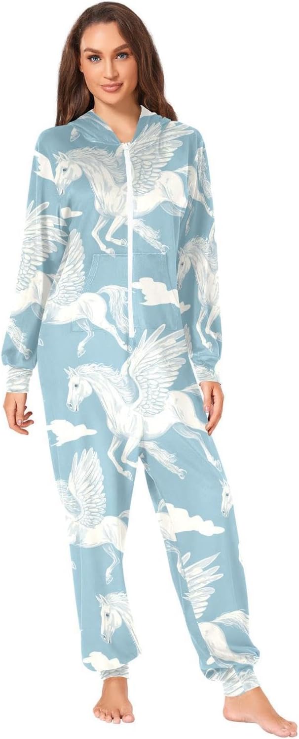 ZZKKO White Horse with Wings Flying Adult Onesie Pajamas for Women Men Cozy One Piece Pajamas Costume Zip-Up Hooded S-XL