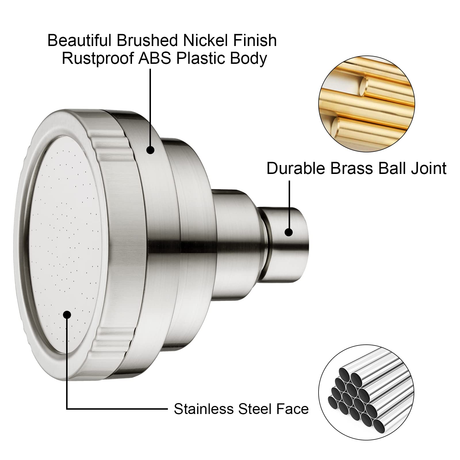 BRIGHT SHOWERS Brushed Nickel High Pressure Rain Showerhead Fixed Shower Head Angle Adjustable Bathroom Showerhead, Tool-Free Installation