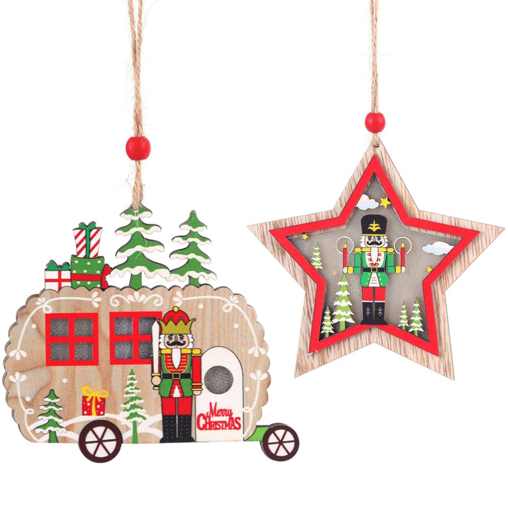 2 Pezzi Albero di Natale in Legno Ornamenti appesi a Forma di Stella per Auto schiaccianoci abbellimento Albero Topper c