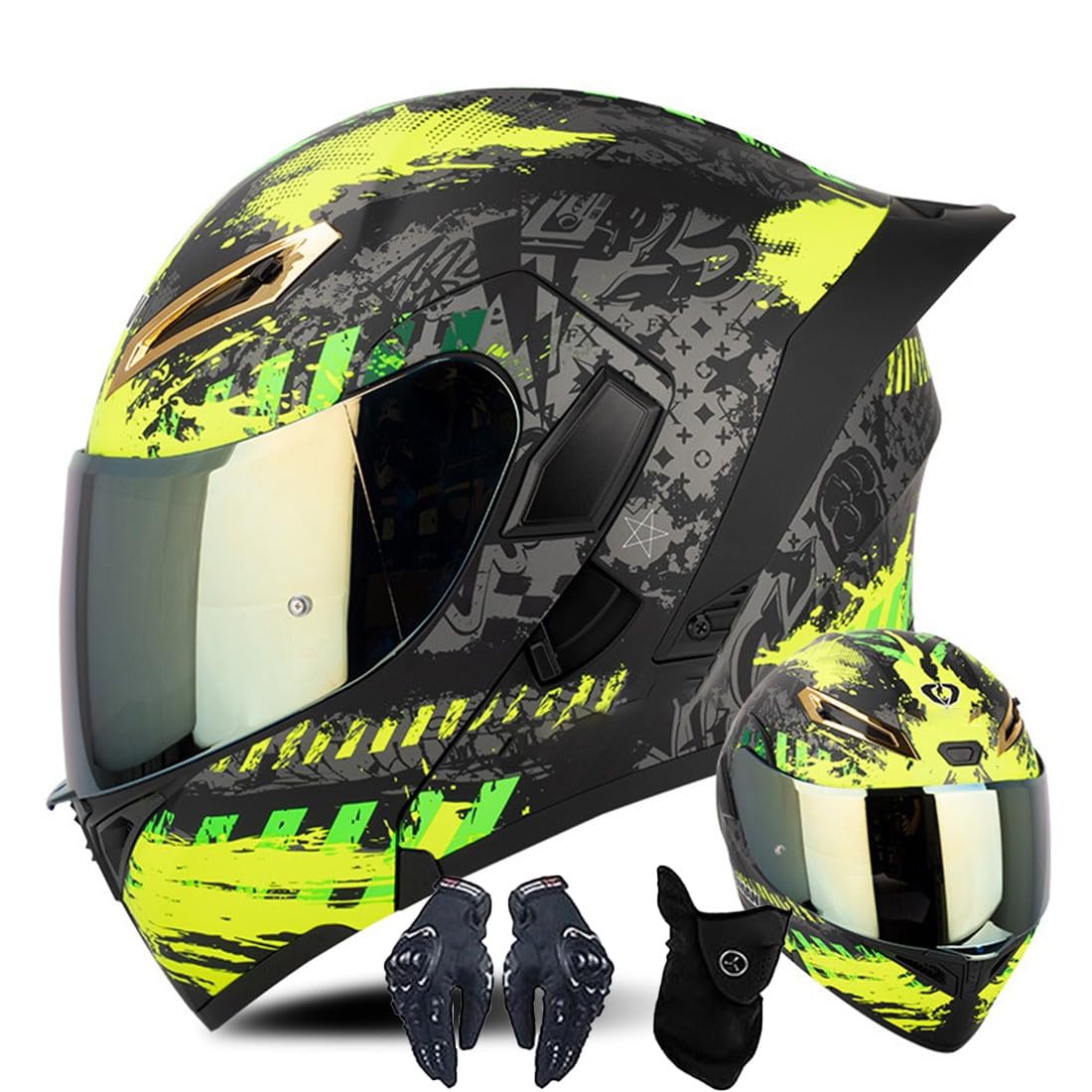 Modular Motorcycle Helmet With Gloves and Face Cover, Flip Up Double Visor, ECE Approved for Men and Women