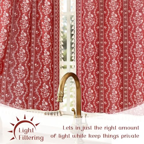 Image of Yinhua Boho Kitchen Curtains 36 Inch Length Vintage Linen Cafe Curtains Light Filtering Bohemian Floral Tier Rod Pocket Farmhouse Rustic Tassel Small Drapes with Tiebacks, 2 Panels, Red