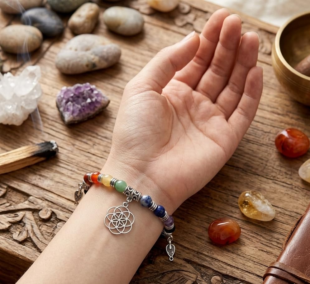 Image of Natural Gemstone Bead Bracelet for Women - Healing Crystal Reiki Bracelet, Handmade Spiritual Protection Jewelry, Energy Stone Stretch Bracelet Gift for Women & Girls