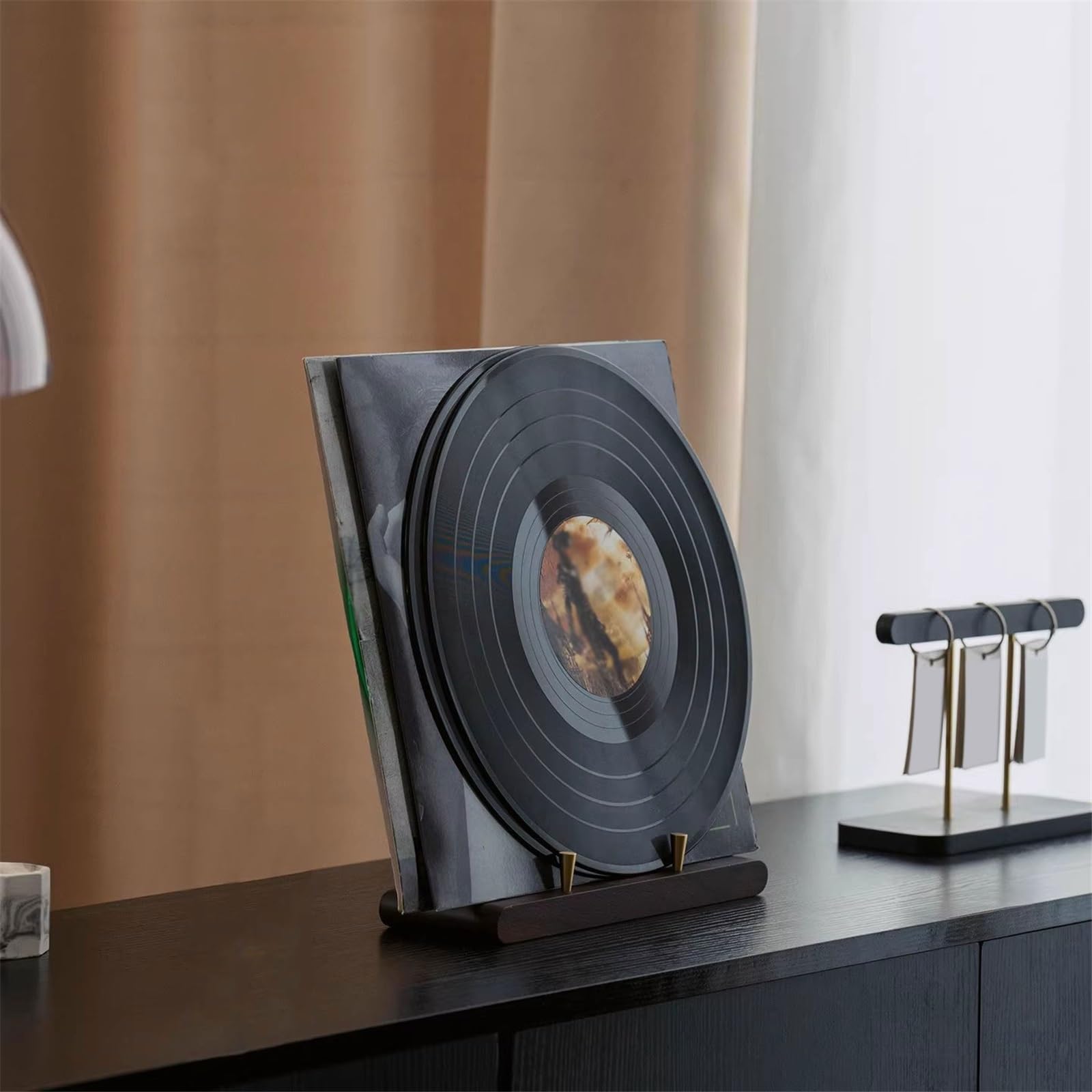 Support de disques Petit présentoir de bureau en bois for disques vinyles et CD, avec support laiton