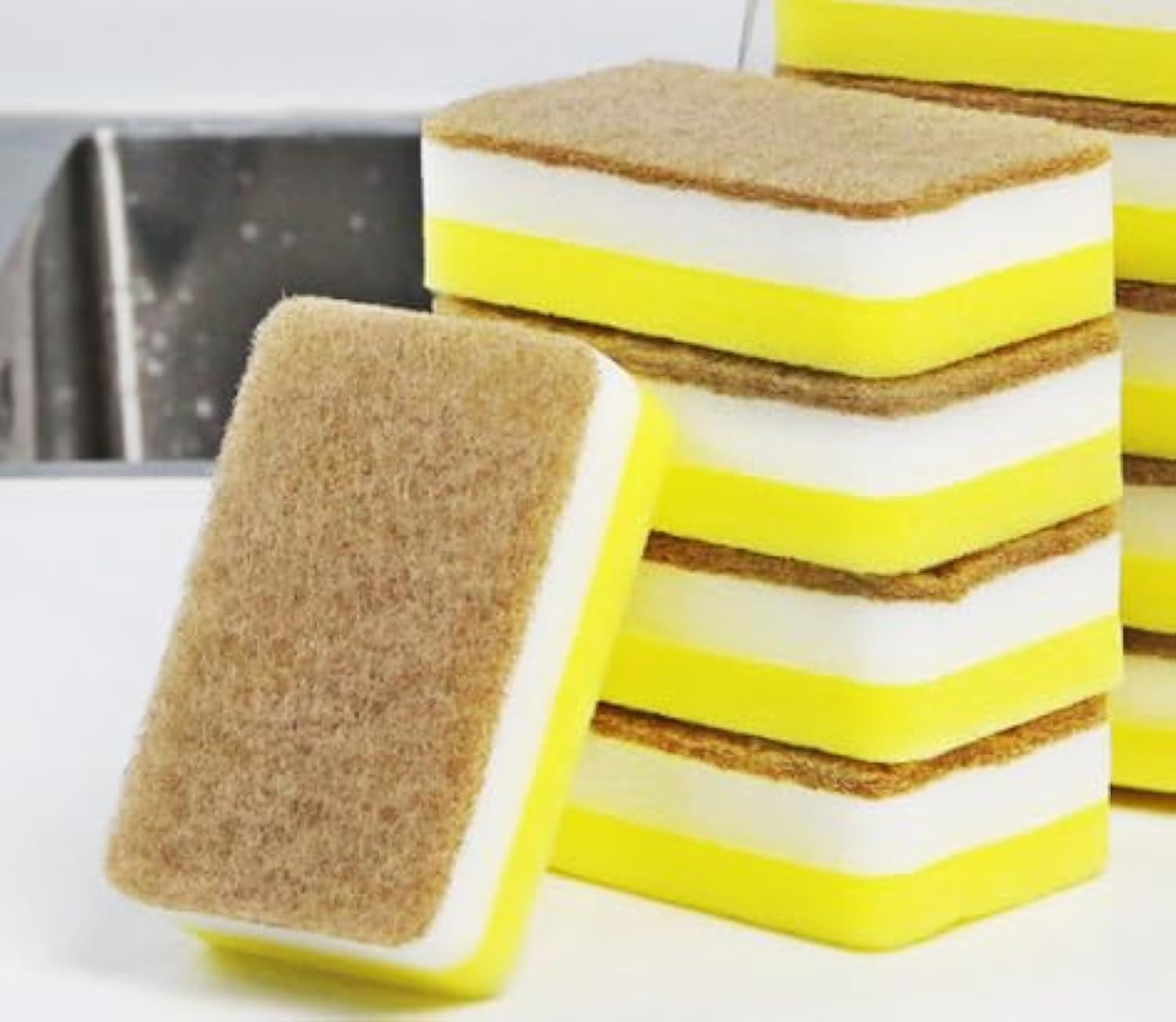 5 Pcs Heavy Duty Scrub Sponges,Dual-Sided Dishwashing Sponge for Kitchen,Multi-Use Deep Cleaning Scrub Sponge (Brown White and Yellow)