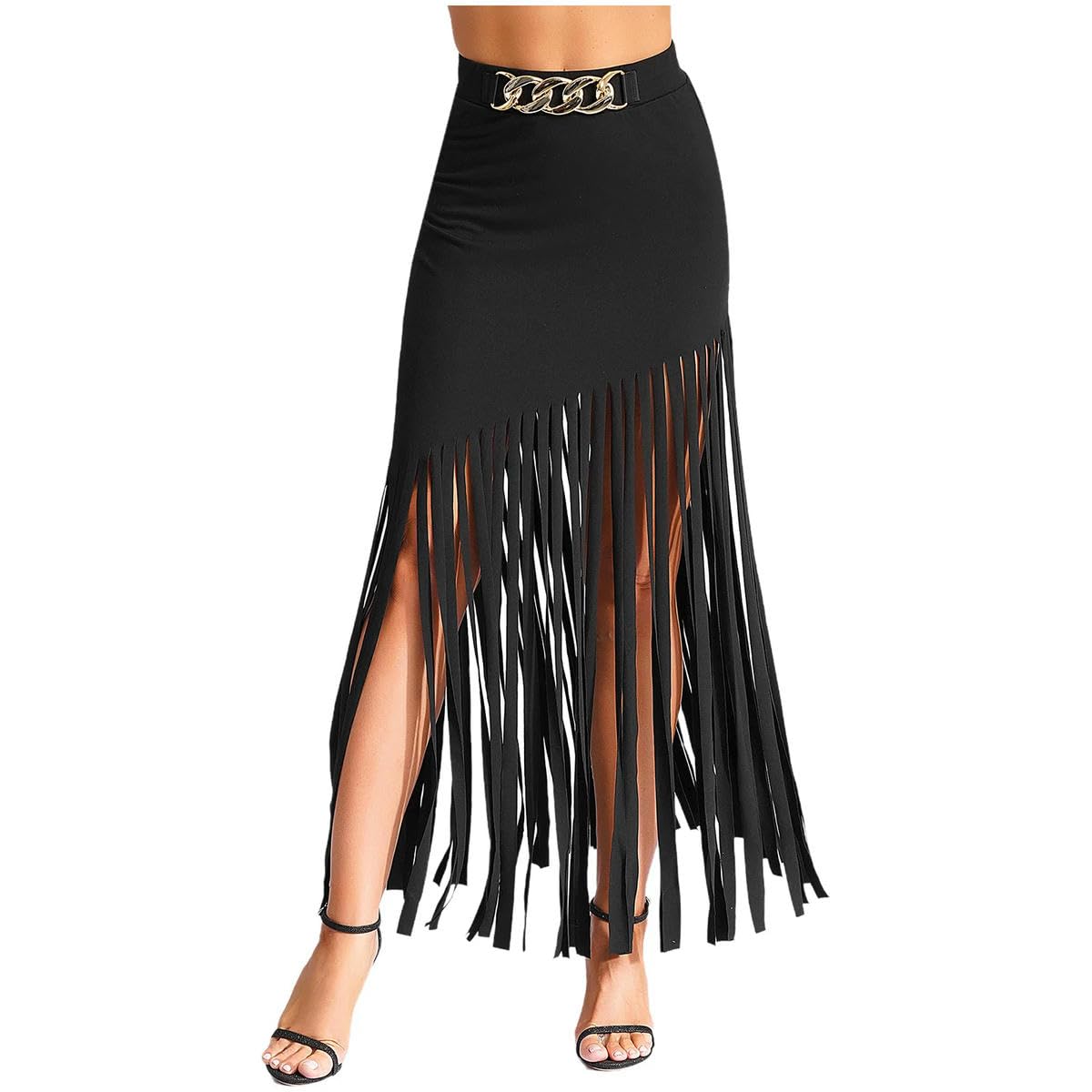 Falda de borla para mujer, cintura alta, cadena de plástico, flecos asimétricos, falda larga para jazz, baile, calle, club, Negro, M