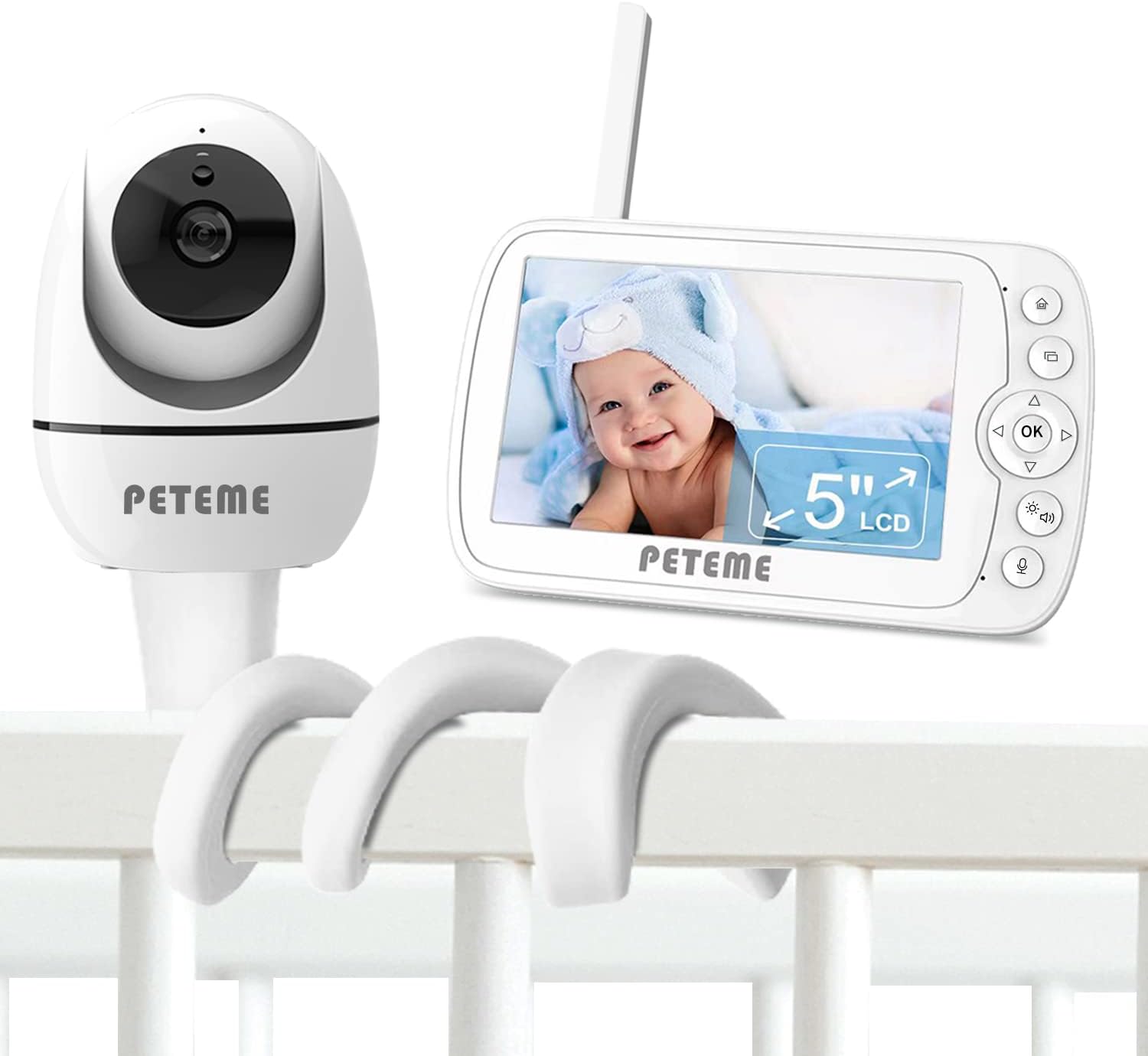 Peteme Baby Monitor No WiFi,5" LCD Display with 1080P Resolution Pan/Tilt Zoom Camera, Video Baby Monitor Audio 2-Way Communication,Night Vision,Temperature & Sound Alarm,110 Wide-Angle View