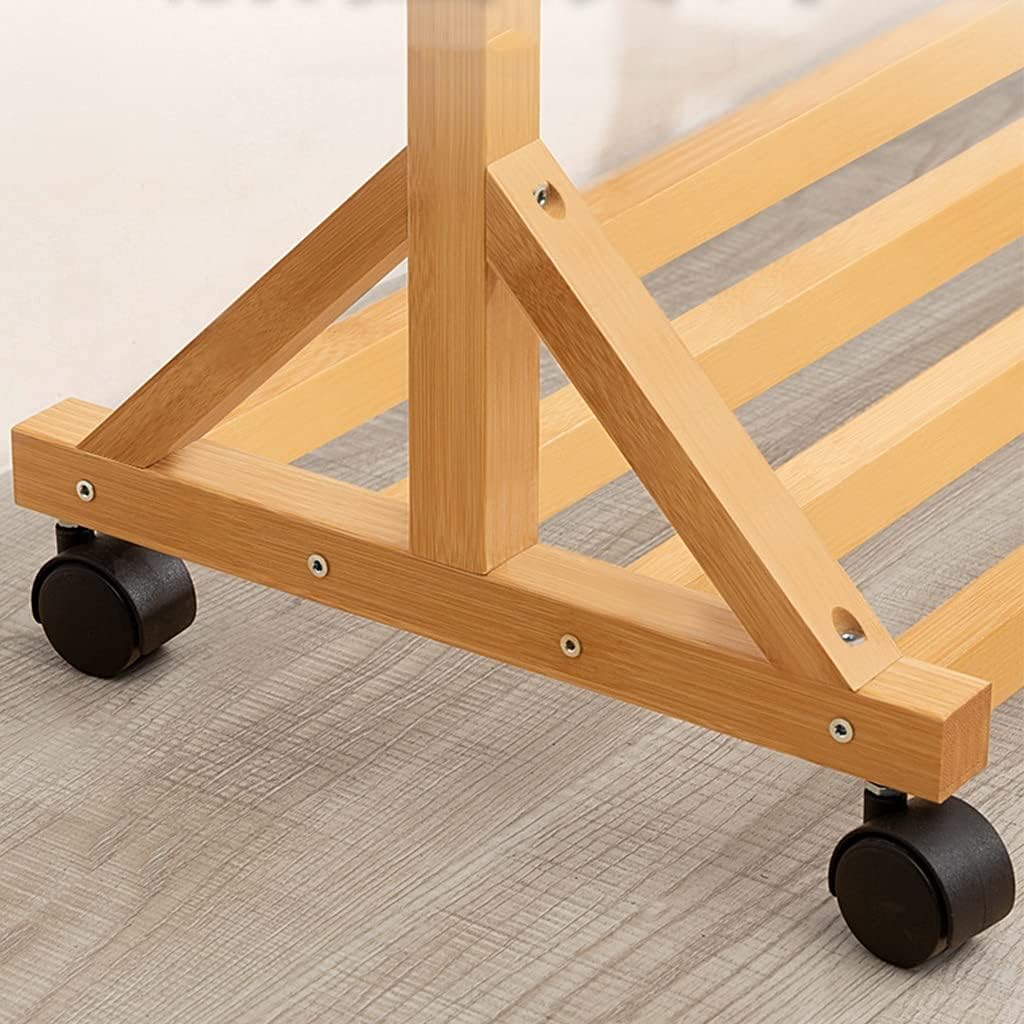 Floor-Standing Solid Wood Rotating Coat Rack，Bamboo Coat Rack with Wheels and Shoe Storage Shelves Multifunctional Garment Orga for Bedroom Easy to Install Brown 80cm
