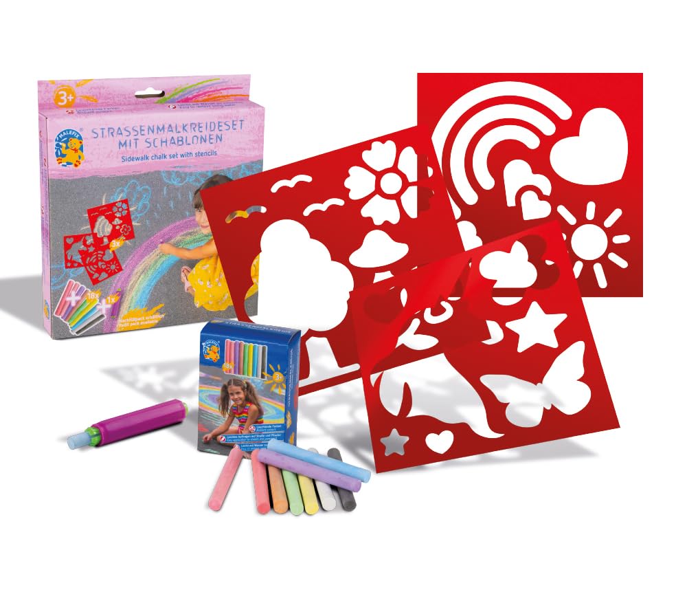 MALEFIX Street Chalk Stencil Set Unicorn – 3 Stencils, 18 Chalks in 9 Colours, 1 Chalk Holder – Conjure up unicorn artwork on the farm, garden & asphalt – For colourful and imaginative art moments