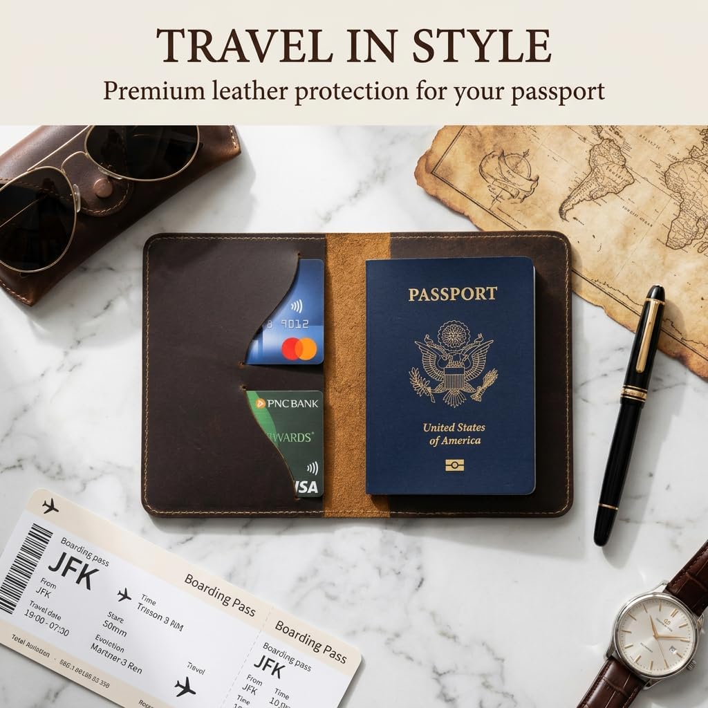 Rustique Leather Passport Holder Collection - Handmade Travel Wallet & Organizer - Full Grain Crazy Horse Leather Covers for Men & Women (Multiple Styles) (Executive Wallet - Tobacco & Honey)