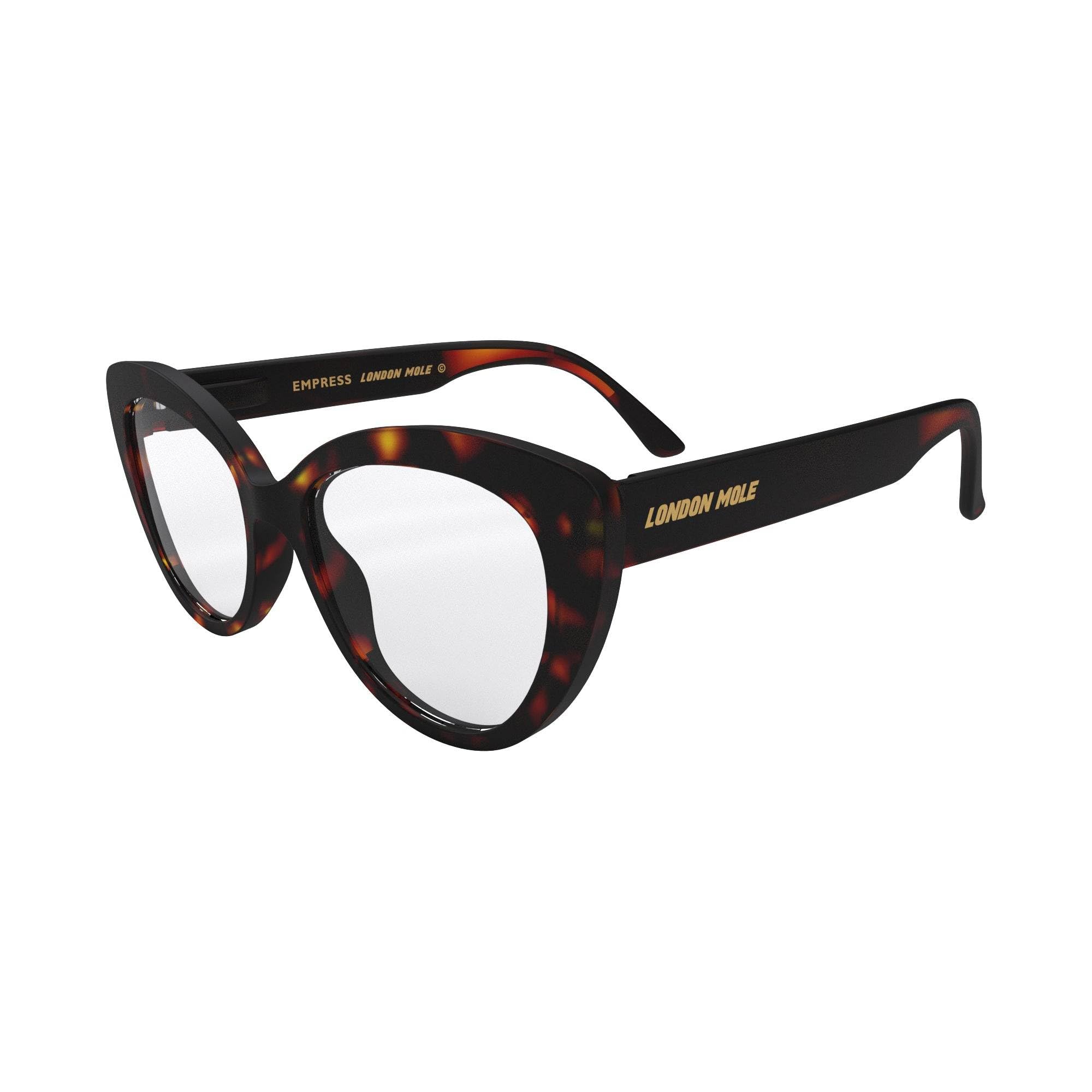 LONDON MOLE® Empress gafas de moda | Lentes transparentes de Zero | Montura en forma de ojo de gato | Mujeres | Bisagras de resorte