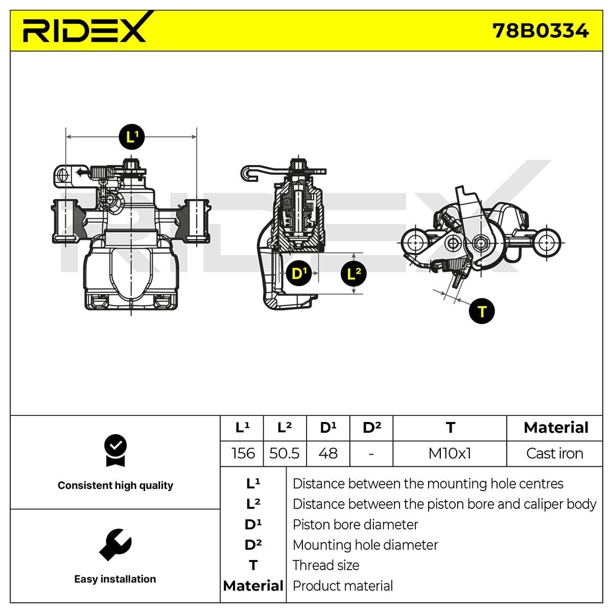 RIDEX 78B0334 Pinza de freno Trasero Derecha Trasero sin soporte Compatible con RENAULT Master 3 Caja/Chasis EV, HV, UV