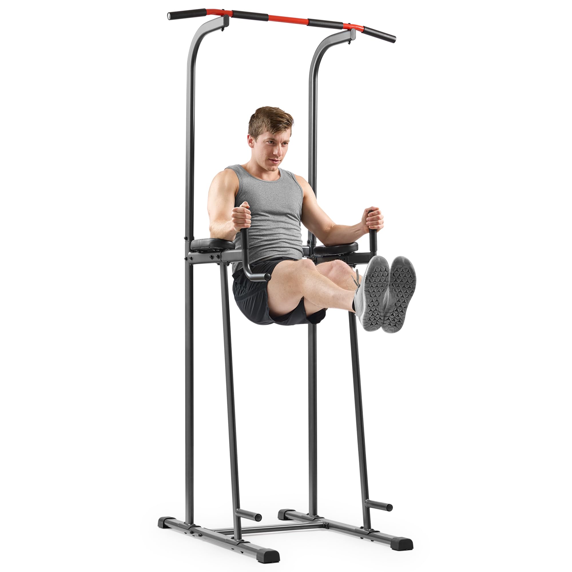 Sunny Health & Fitness Torre de Potencia, Barra para Fondos, Estación de Paralelas con Asistencia para Flexiones y Dominadas, con Agarre Opcional Tipo Escalada