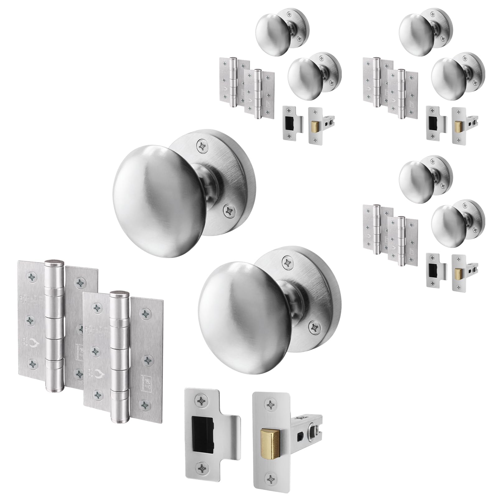 EAI Satin Door Knob Set - 4 Pairs of Satin Chrome Victorian Mortice Knobs (55mm), Latch (76mm) & Hinges (76mm) for Internal Doors