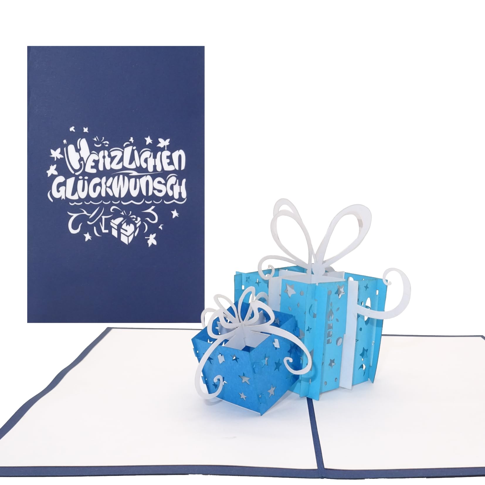 10er Set 3D Geburtstagskarte Geschenke - Blau & Weiß - Pop Up Karte zum Geburtstag, Namenstag und zur Geburt