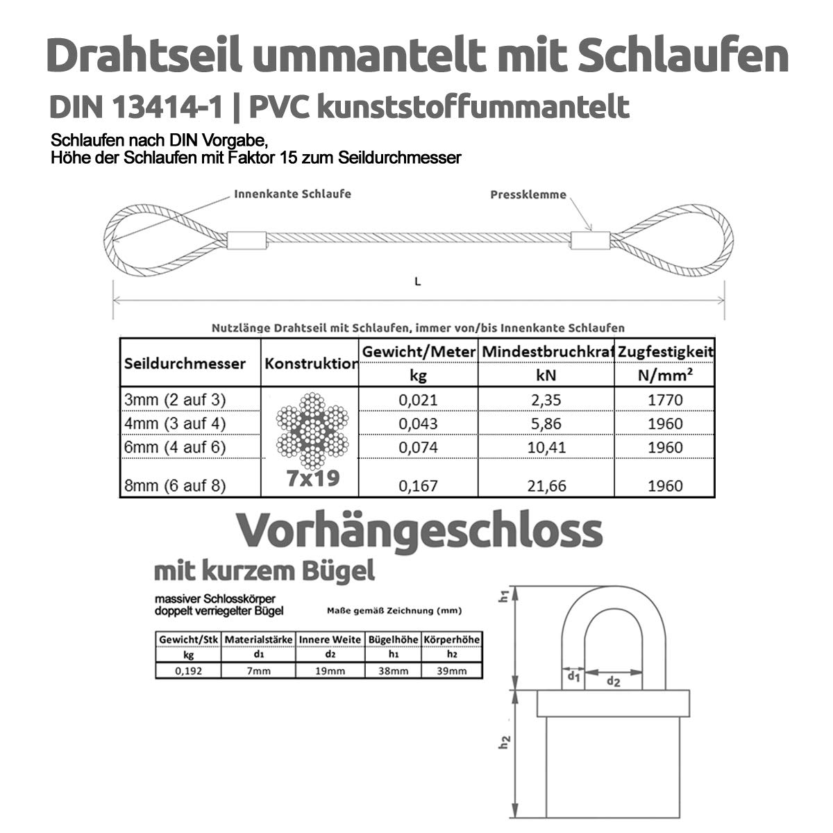 Stahlkabelschloss, Schlaufenkabel mit Schloss - Diebstahlsicherung für Gartenmöbel & Terrassenmöbel | Stärke:8mm (6 auf 8) | Länge:5m