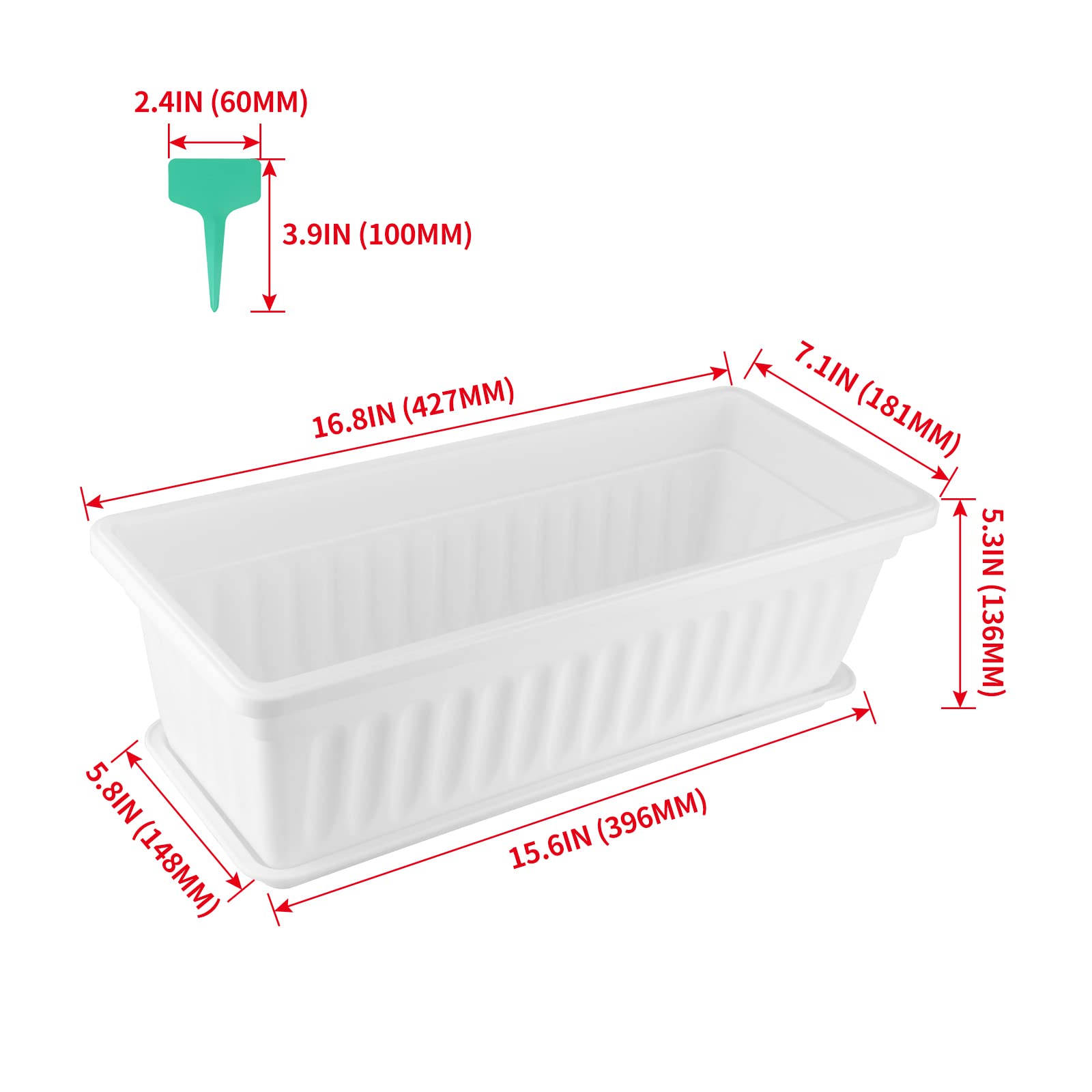 Skelang 5 Pcs Pots de Fleurs rectangulaires 42,7cm, Support pour Plante avec Plateau, jardinière de Jardinage avec étiquette, boîte de seuil de fenêtre pour Plantes Grasses, Herbes, Fleurs (Blanc)